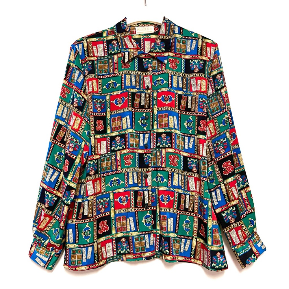 Vintage Pendleton Graphic Print Blouse Patchwork Button Front SZ 14 Book Lover